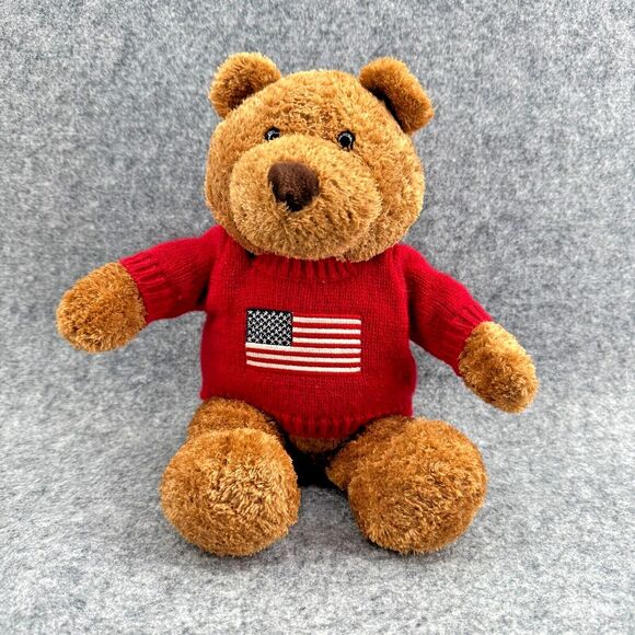 VINTAGE Saks Fifth 5th Ave TEDDY BEAR Plush 12" Red Flag Sweater USA Toy 2001 - Picture 1 of 9